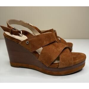Cole Haan Laci Platform Wedge Sandal Women 7B Cognac Suede Buckle Strap Peep Toe